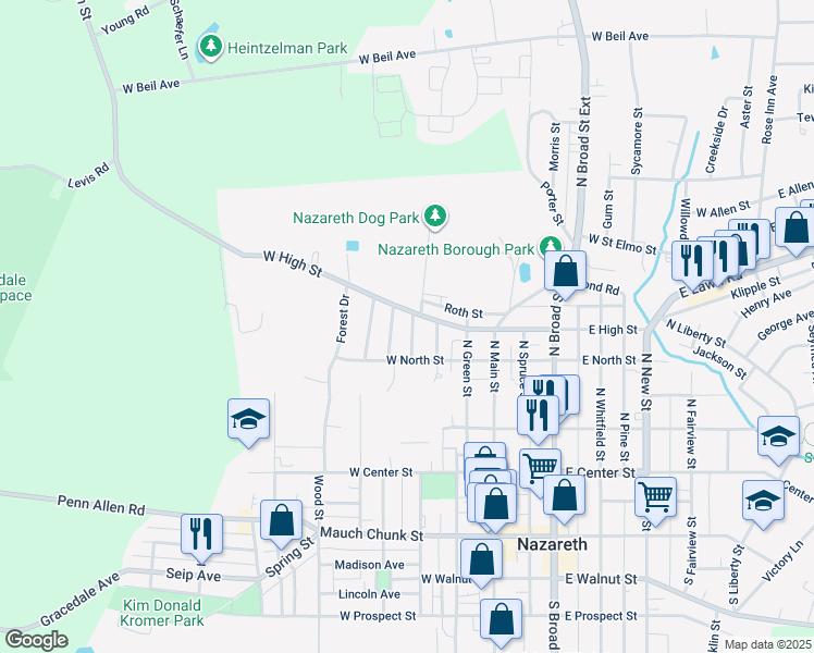 map of restaurants, bars, coffee shops, grocery stores, and more near 239 Greenwood Avenue in Nazareth