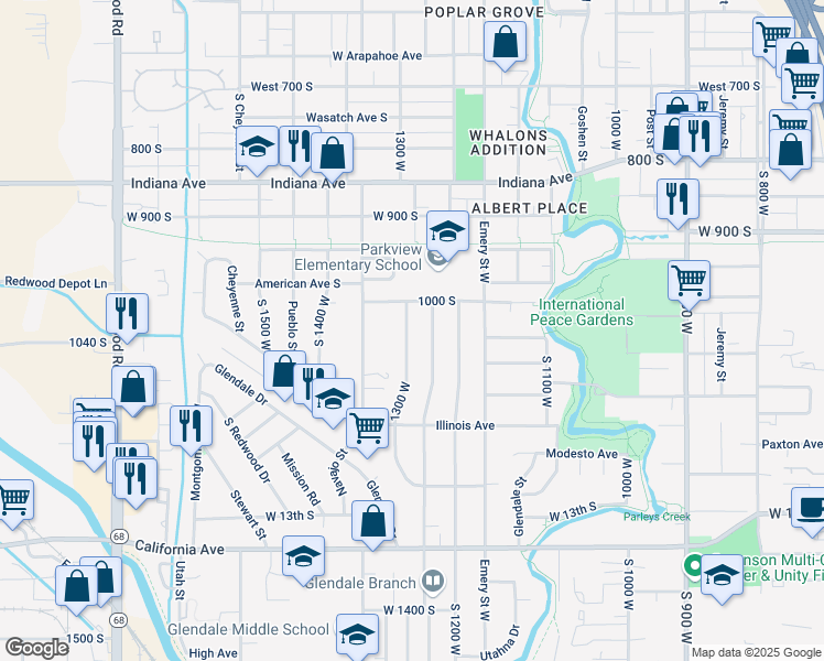map of restaurants, bars, coffee shops, grocery stores, and more near 1043 South 1300 West in Salt Lake City