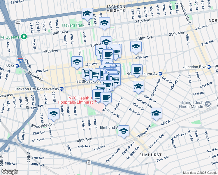 map of restaurants, bars, coffee shops, grocery stores, and more near 82-2 Roosevelt Avenue in Queens