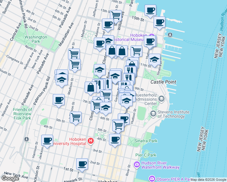 map of restaurants, bars, coffee shops, grocery stores, and more near 836 Park Avenue in Hoboken