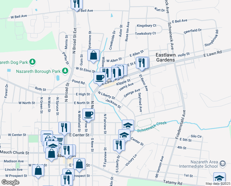 map of restaurants, bars, coffee shops, grocery stores, and more near 31 Henry Avenue in Nazareth