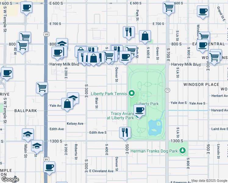map of restaurants, bars, coffee shops, grocery stores, and more near 1020 South Denver Street in Salt Lake City