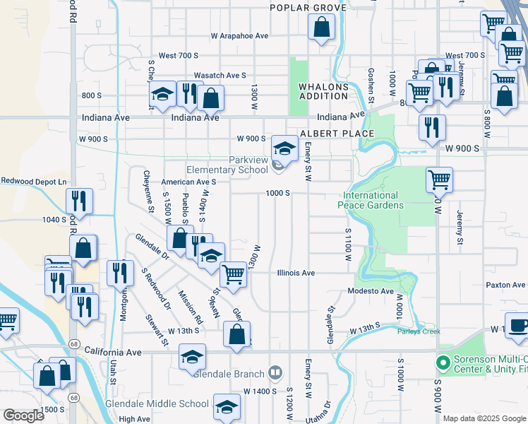 map of restaurants, bars, coffee shops, grocery stores, and more near 1043 South 1300 West in Salt Lake City