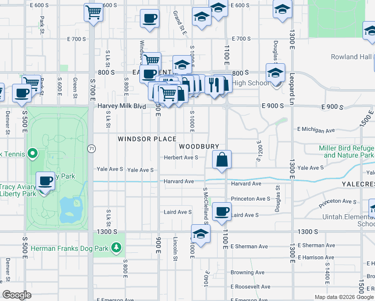 map of restaurants, bars, coffee shops, grocery stores, and more near in Salt Lake City