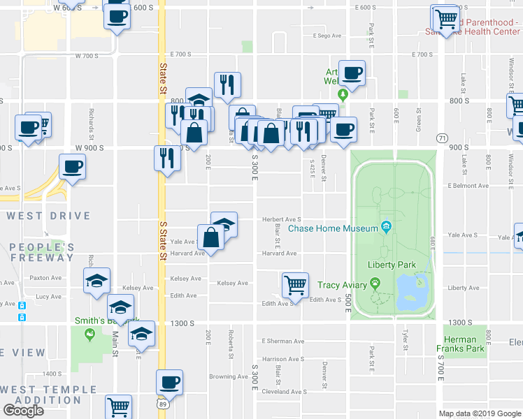 map of restaurants, bars, coffee shops, grocery stores, and more near 995 South 300 East in Salt Lake City