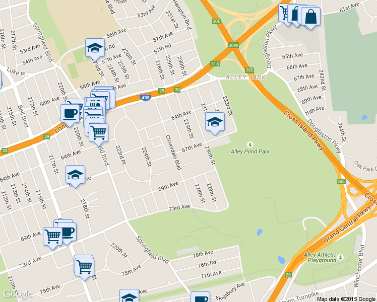 map of restaurants, bars, coffee shops, grocery stores, and more near 64-67 229th Street in Queens