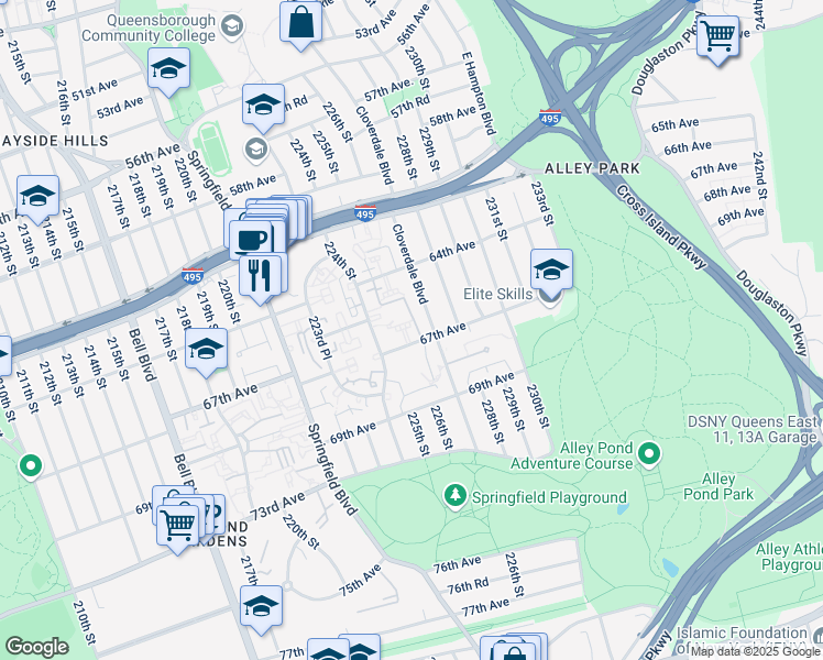 map of restaurants, bars, coffee shops, grocery stores, and more near 64-38 Cloverdale Boulevard in Queens