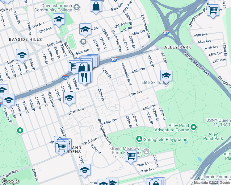 map of restaurants, bars, coffee shops, grocery stores, and more near 64-39 224 Street in Queens