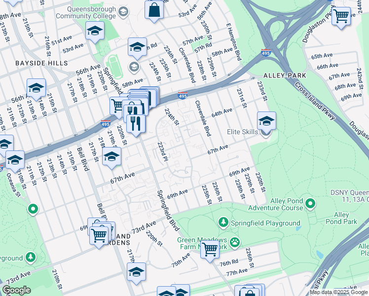 map of restaurants, bars, coffee shops, grocery stores, and more near 64-39 224 Street in Queens