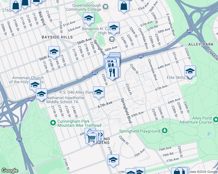 map of restaurants, bars, coffee shops, grocery stores, and more near 61-54 Springfield Boulevard in Queens