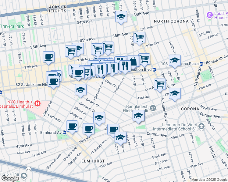 map of restaurants, bars, coffee shops, grocery stores, and more near 40-59 Case Street in Queens