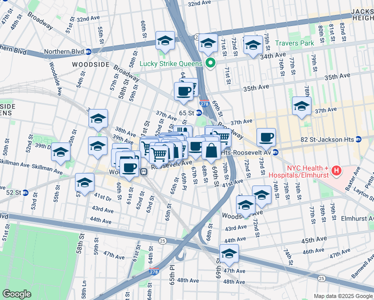 map of restaurants, bars, coffee shops, grocery stores, and more near 37-43 64th Street in Queens