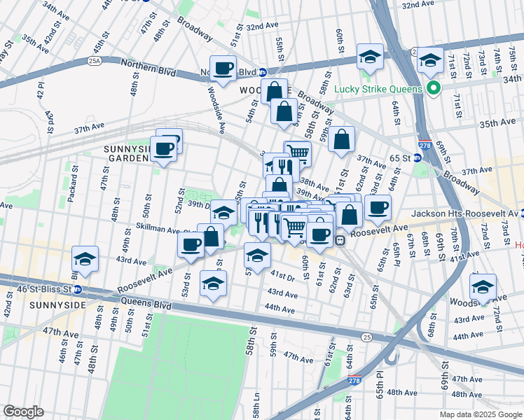map of restaurants, bars, coffee shops, grocery stores, and more near 39-22 57th Street in Queens