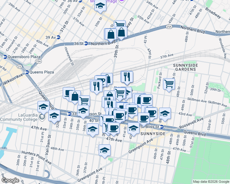 map of restaurants, bars, coffee shops, grocery stores, and more near 3925 Skillman Avenue in Queens