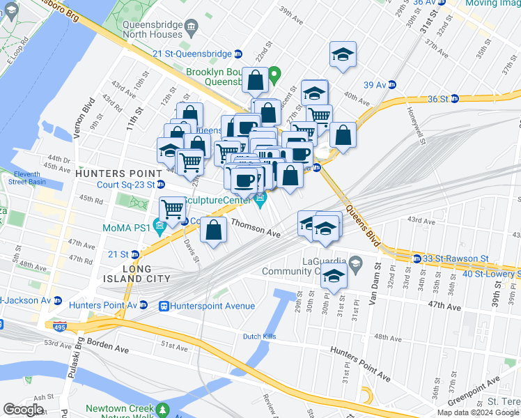 map of restaurants, bars, coffee shops, grocery stores, and more near 26-36 Jackson Avenue in Queens