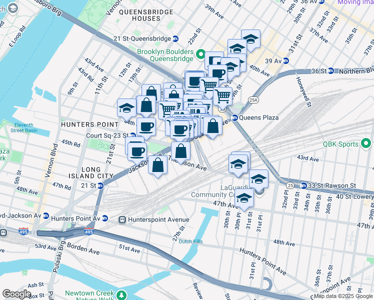 map of restaurants, bars, coffee shops, grocery stores, and more near 26-36 Jackson Avenue in Queens