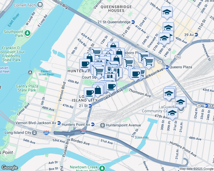 map of restaurants, bars, coffee shops, grocery stores, and more near 21-51 44th Drive in Queens