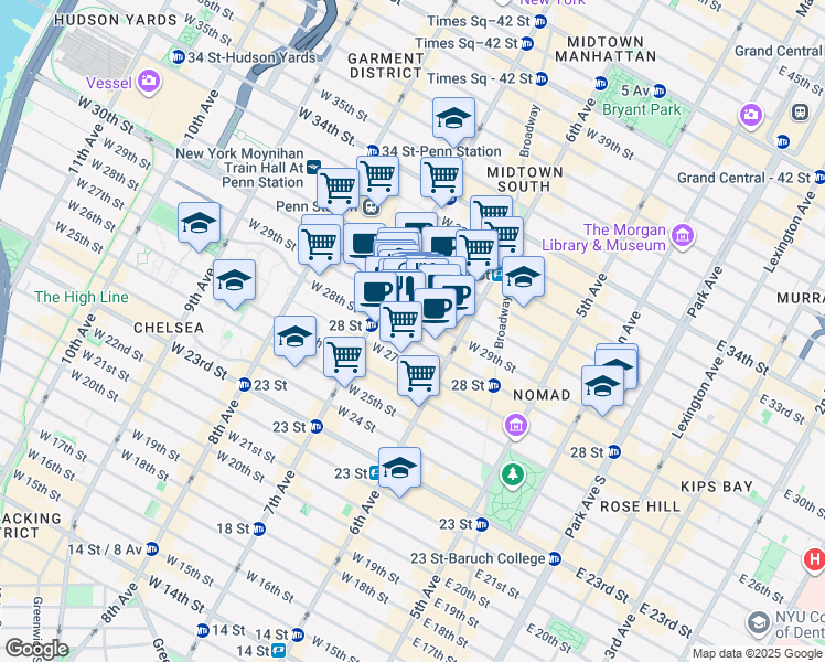 map of restaurants, bars, coffee shops, grocery stores, and more near 145 West 28th Street in New York