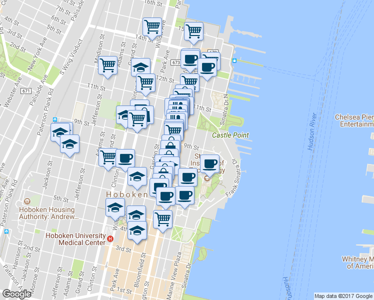 map of restaurants, bars, coffee shops, grocery stores, and more near 913 Hudson Street in Hoboken