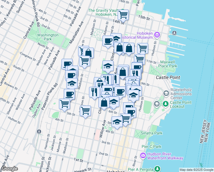 map of restaurants, bars, coffee shops, grocery stores, and more near in Hoboken