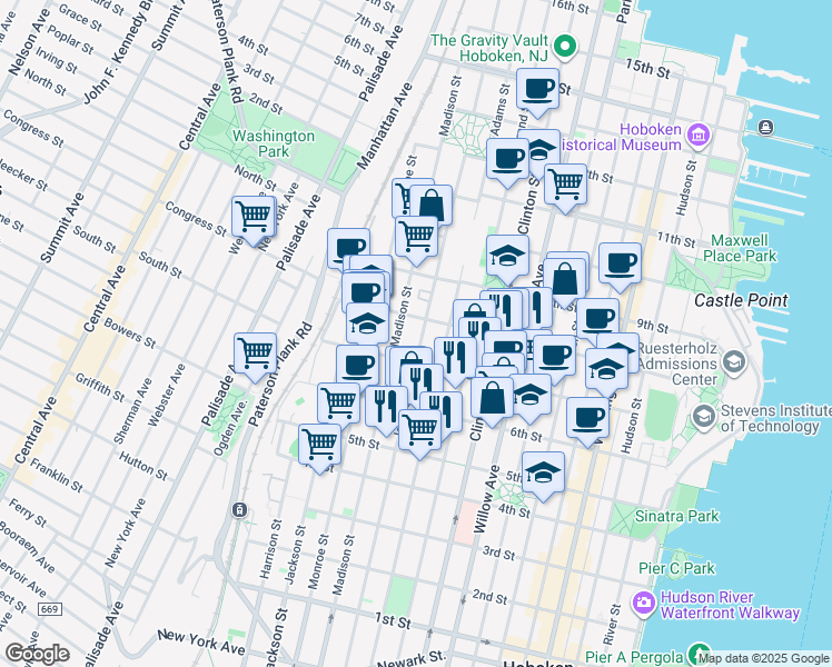 map of restaurants, bars, coffee shops, grocery stores, and more near 480 8th Street in Hoboken