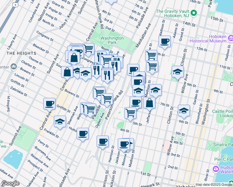 map of restaurants, bars, coffee shops, grocery stores, and more near 405 Ogden Avenue in Jersey City