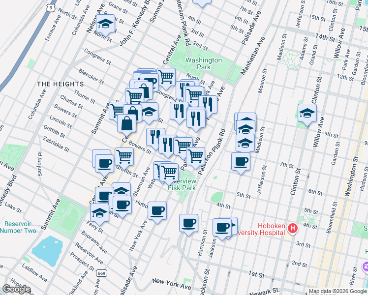 map of restaurants, bars, coffee shops, grocery stores, and more near 338 New York Avenue in Jersey City