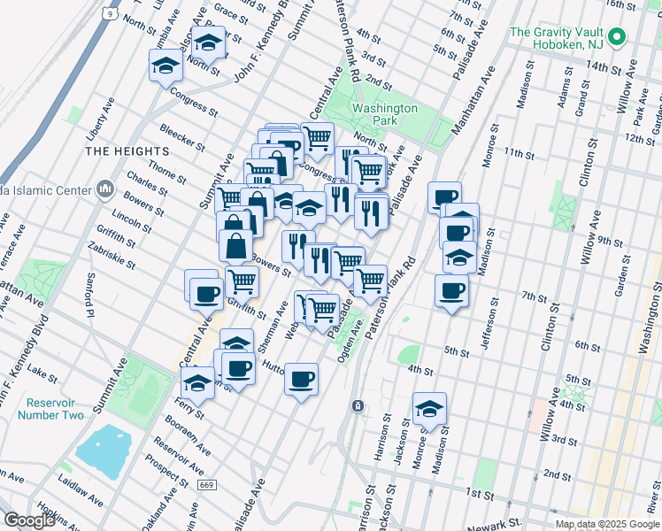 map of restaurants, bars, coffee shops, grocery stores, and more near 263 Webster Avenue in Jersey City