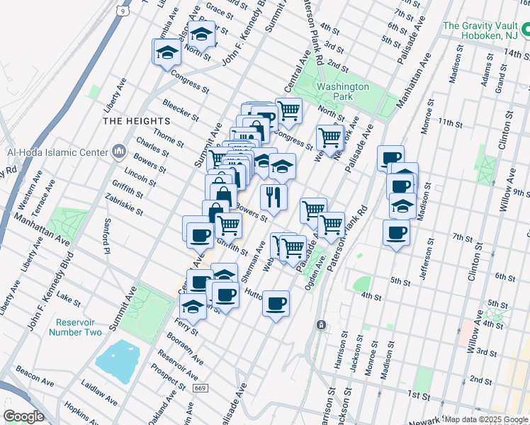 map of restaurants, bars, coffee shops, grocery stores, and more near 146 Hancock Avenue in Jersey City
