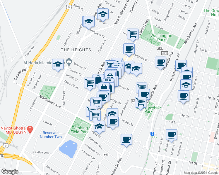 map of restaurants, bars, coffee shops, grocery stores, and more near 20 Charles Street in Jersey City