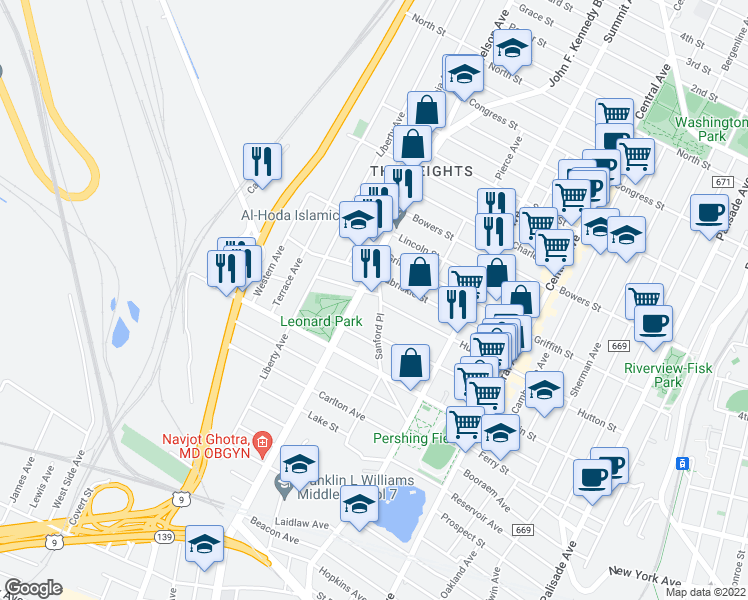 map of restaurants, bars, coffee shops, grocery stores, and more near 3371 John F. Kennedy Boulevard in Union City