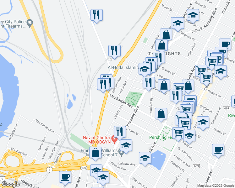 map of restaurants, bars, coffee shops, grocery stores, and more near 486 Tonnelle Avenue in Jersey City