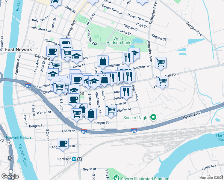 map of restaurants, bars, coffee shops, grocery stores, and more near 612 Harrison Avenue in Harrison
