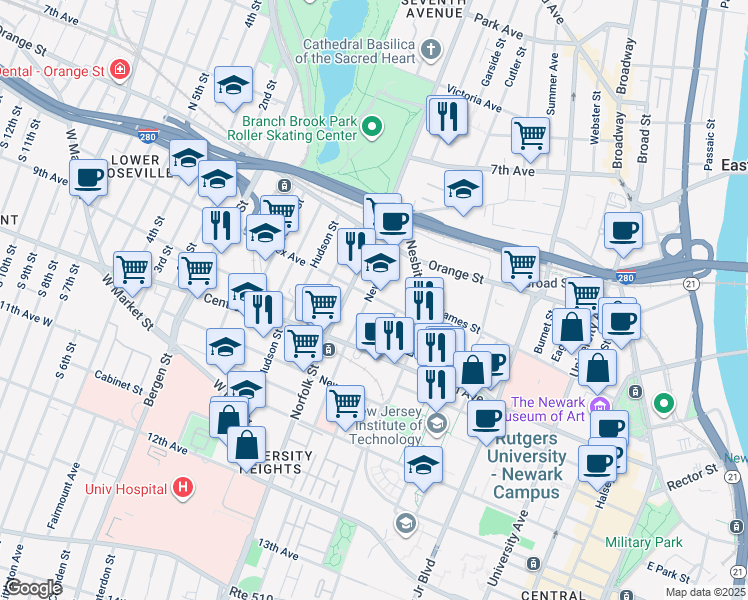 map of restaurants, bars, coffee shops, grocery stores, and more near 35 Newark Street in Newark