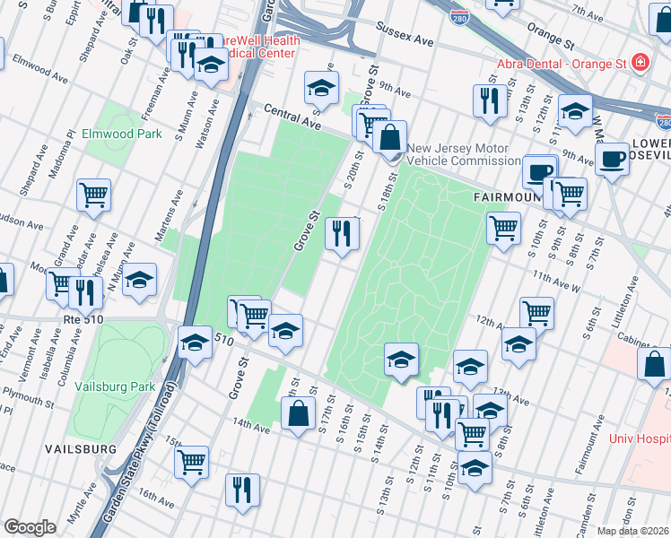 map of restaurants, bars, coffee shops, grocery stores, and more near 288 South 19th Street in Newark