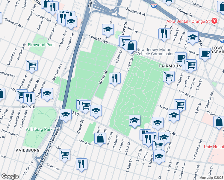 map of restaurants, bars, coffee shops, grocery stores, and more near 288 South 19th Street in Newark