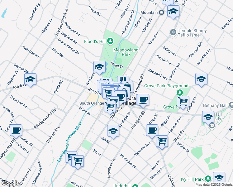 map of restaurants, bars, coffee shops, grocery stores, and more near 31 Vose Avenue in South Orange