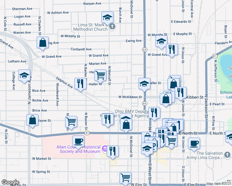 map of restaurants, bars, coffee shops, grocery stores, and more near 453 Haller Street in Lima