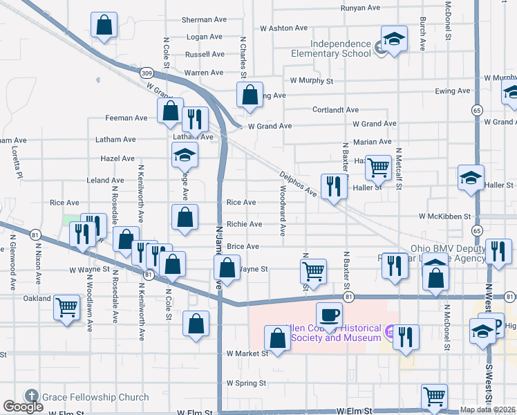 map of restaurants, bars, coffee shops, grocery stores, and more near 926 Rice Avenue in Lima