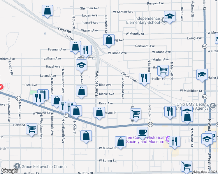 map of restaurants, bars, coffee shops, grocery stores, and more near 701 North Charles Street in Lima