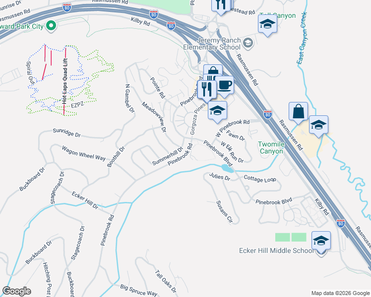 map of restaurants, bars, coffee shops, grocery stores, and more near 7993 Summerhill Drive in Park City