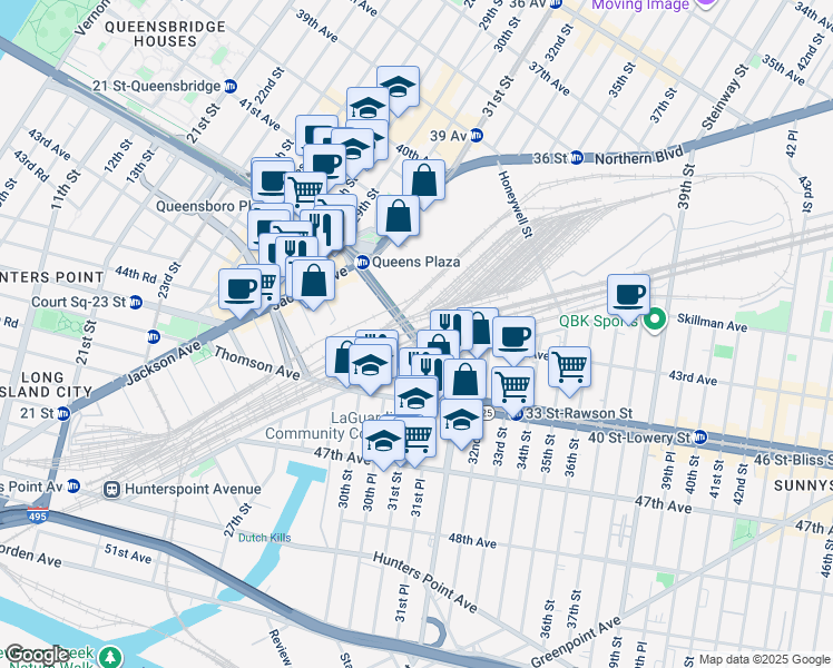 map of restaurants, bars, coffee shops, grocery stores, and more near 32 Queens Boulevard in Queens