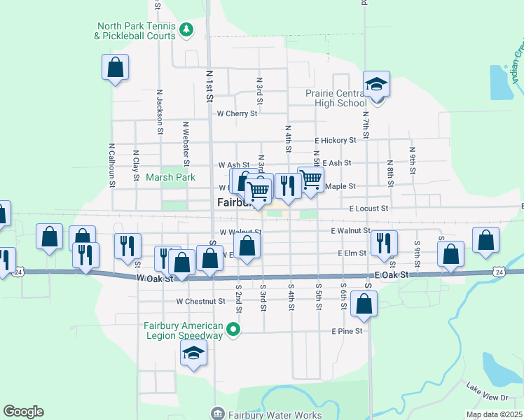 map of restaurants, bars, coffee shops, grocery stores, and more near 101 East Locust Street in Fairbury