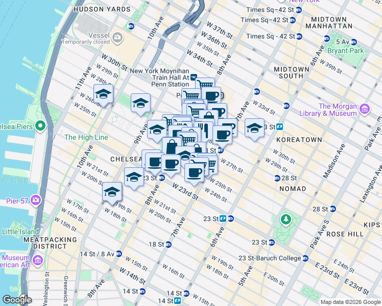 map of restaurants, bars, coffee shops, grocery stores, and more near in New York