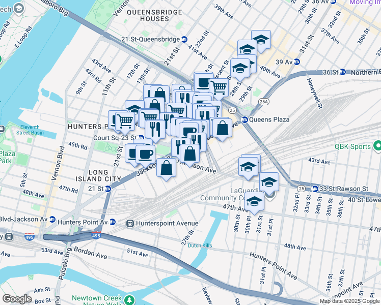 map of restaurants, bars, coffee shops, grocery stores, and more near 25-25 44th Drive in Queens