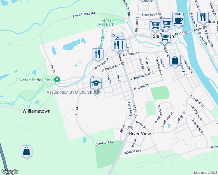 map of restaurants, bars, coffee shops, grocery stores, and more near 513 West Washington Street in Slatington