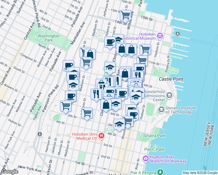 map of restaurants, bars, coffee shops, grocery stores, and more near 801 Clinton Street in Hoboken