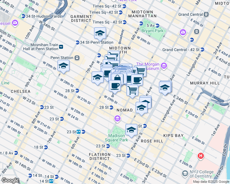 map of restaurants, bars, coffee shops, grocery stores, and more near 1250 Broadway in New York