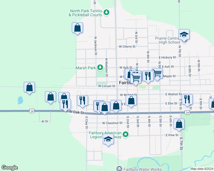 map of restaurants, bars, coffee shops, grocery stores, and more near in Fairbury