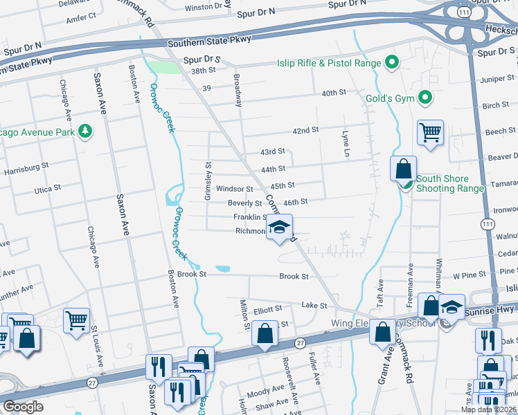 map of restaurants, bars, coffee shops, grocery stores, and more near 6 Windsor Street in Islip